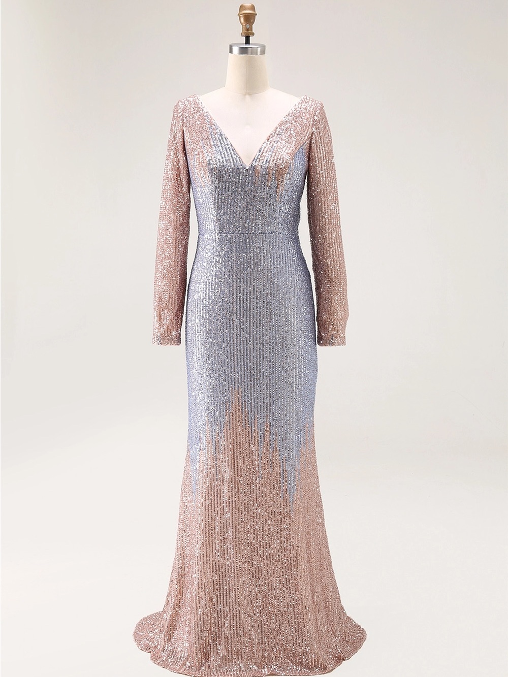 Sequin Ombre Long Sleeve Evening Gown - Silver to Gold
